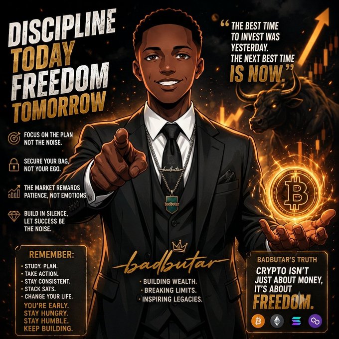 A motivational graphic featuring an illustrated man in a suit with text including 'DISCIPLINE TODAY FREEDOM TOMORROW', 'badbutar', 'BUILDING WEALTH.', and crypto symbols.