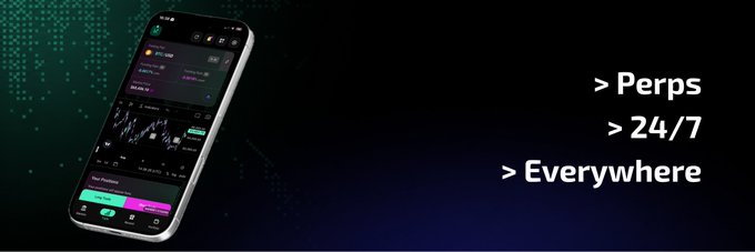 A promotional banner for a cryptocurrency trading app displaying a smartphone with a trading interface next to the text '> Perps, > 24/7, > Everywhere.'