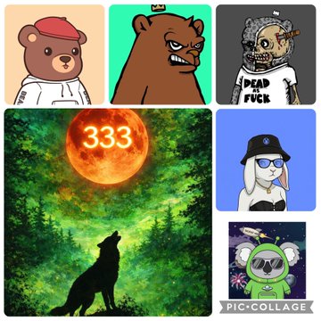 A Pic-Collage features meme images including a bear in a red beret, a grinning brown bear, a zombie figure wearing a 'DEAD AF FUCK' shirt, a wolf howling at a red moon displaying '333', a white dog in sunglasses and a black cap, and a small character in an astronaut helmet.