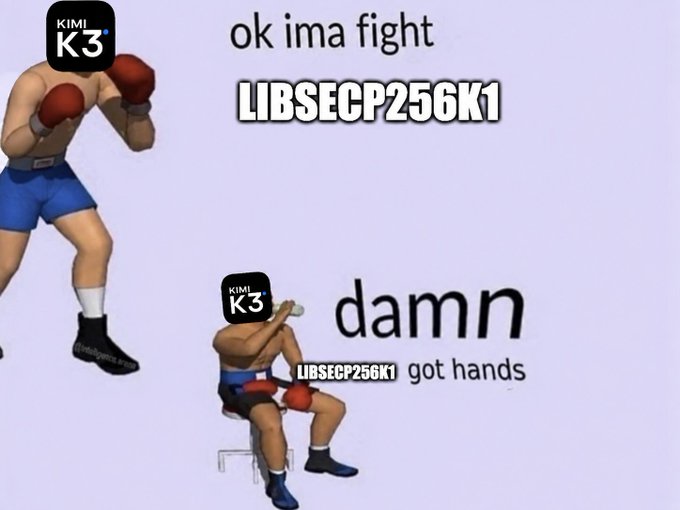 Meme image depicting a boxing match between 'KIMI K3' and 'LIBSECP256K1', with text reading 'ok ima fight', 'LIBSECP256K1', and 'damn LIBSECP256K1 got hands'.