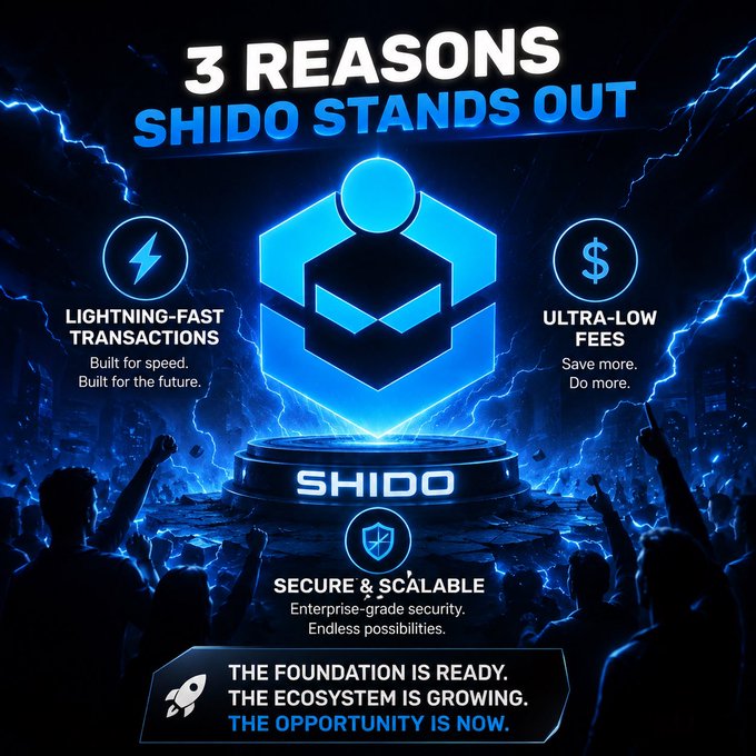 A promotional graphic titled '3 REASONS SHIDO STANDS OUT' highlighting 'LIGHTNING-FAST TRANSACTIONS', 'ULTRA-LOW FEES', and 'SECURE & SCALABLE', with the tagline 'THE FOUNDATION IS READY. THE ECOSYSTEM IS GROWING. THE OPPORTUNITY IS NOW.'