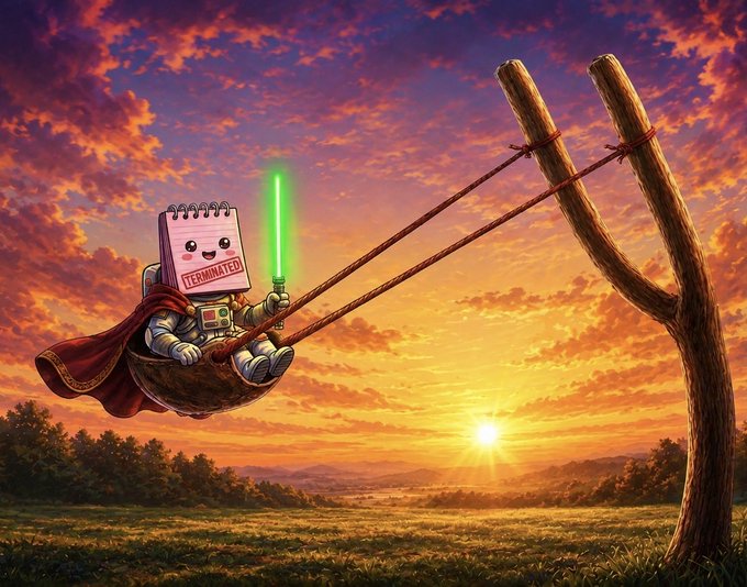 Whimsical digital illustration of a cute robot character with 'TERMINATED' written on its face, wearing a red cape and holding a green lightsaber while swinging on ropes at sunset.