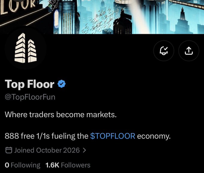A Twitter/X profile for 'Top Floor' (@TopFloorFun) with bio text 'Where traders become markets. 888 free 1/1s fueling the $TOPFLOOR economy.' and 1.6K Followers.
