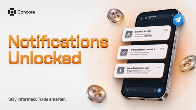 A promotional graphic for Cancore displays 'Notifications Unlocked' alongside a smartphone showing transaction alerts including 'Balance Top-Up,' 'Transaction Successful,' and 'New Announcement,' with the tagline 'Stay informed. Trade smarter.'