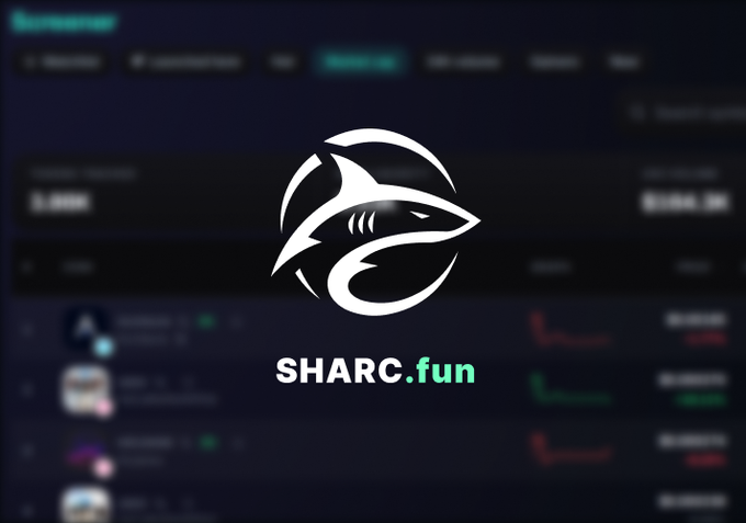 A logo for 'SHARC.fun' featuring a stylized shark design over a blurred background of a website interface.