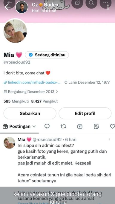 A Twitter/X profile screenshot for user 'Mia' (@rosecloud92) showing a tweet about an admin 'coinfest' event, with comments discussing a live event where someone was blocked.