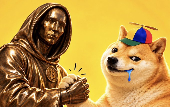 An AI-generated image featuring a bronze statue of a Bitcoin monk with a hood and 'B' medallion alongside a Shiba Inu dog wearing a propeller beanie hat, set against a yellow background.