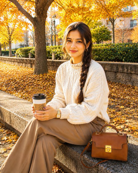A cozy autumn scene shows a smiling woman with a long braid, dressed in a cream knit sweater and tan trousers, holding a coffee cup while seated on a stone ledge surrounded by golden fallen leaves, with a brown leather handbag beside her—perfectly capturing the warm, heartfelt gratitude of the post wishing the Web3 community a bright morning.