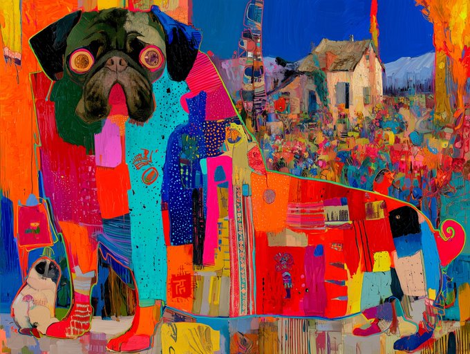 A vibrant, colorful mixed-media artwork depicts a stylized pug surrounded by bright patterns, with a small white pug, a pink handbag, and a house visible in the background.