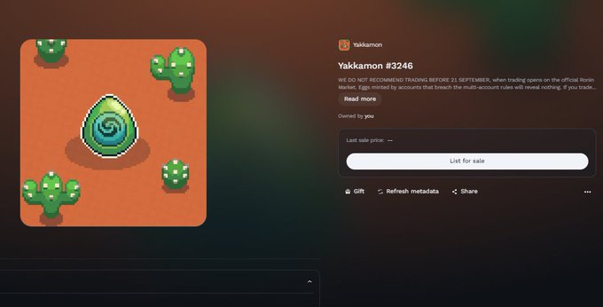 A NFT marketplace listing for 'Yakkamon #3246' displayed by user Yakkamon, showing a green egg-like creature surrounded by cacti, with a 'List for sale' button and a warning about trading rules.