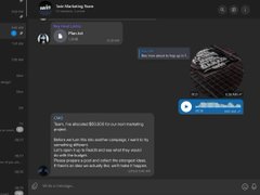 A Telegram post from 1win features a "1win Marketing Team" group chat discussing a "$50,000" budget giveaway, with messages stating "X and Reddit will be our next marketing platforms," alongside a reply reading "I've been observing again." The image visually supports the post by showing 1win's community-driven approach to deciding how the $50K marketing budget will be allocated across platforms like X and Reddit.