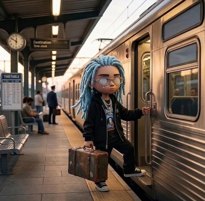 A stylized 3D-rendered character with blue dreadlocks, white swirl glasses, and an oversized brown suitcase boards a silver train at a station with a 'TIMETABLE' board and a 'Destination Time clock' sign.