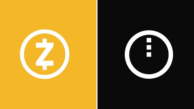 A split-panel graphic displays the ZCash logo (a 'Z' in a circle) on a yellow background on the left, and a circular 'i' information icon on a black background on the right.