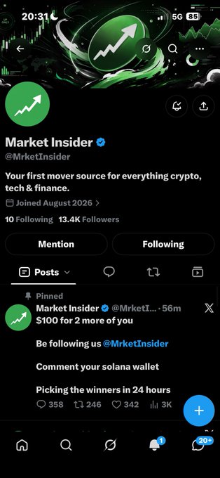 A Twitter/X profile for 'Market Insider' (@MrketInsider) with 13.4K followers, promoting a '$100 for 2 more of you' giveaway and asking users to comment their Solana wallet.
