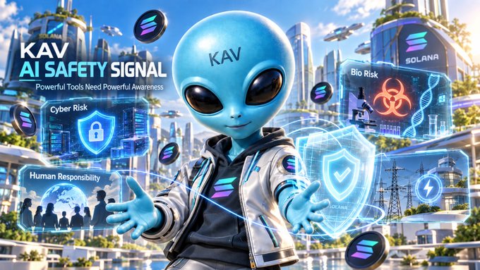 A digital promotional graphic features a blue alien mascot wearing a jacket with the 'KAV' logo, surrounded by floating 'KAV' coins and holographic shields labeled 'Cyber Risk', 'Bio Risk', and 'Human Responsibility', with 'KAV AI SAFETY SIGNAL' and 'SOLANA' text visible against a futuristic city backdrop.