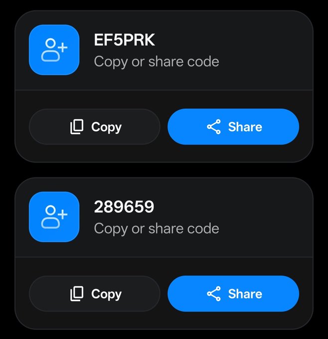 A screenshot displaying two invite codes, "EF5PRK" and "289659", each with options to copy or share the code.