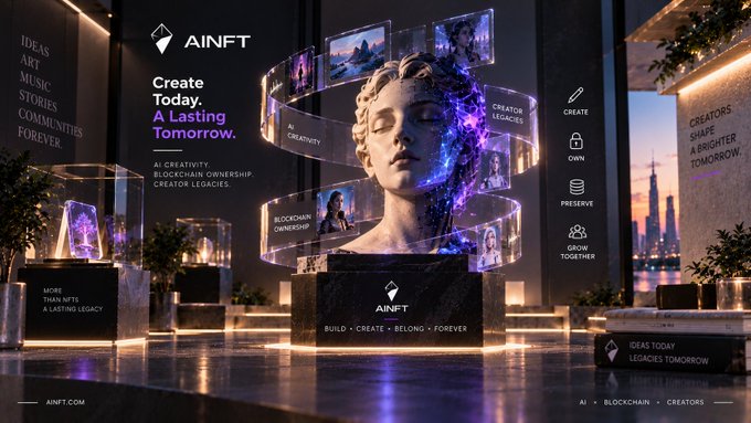 A promotional graphic for AINFT featuring a classical bust surrounded by a swirling ribbon of digital screens, with the text 'Create Today. A Lasting Tomorrow.'