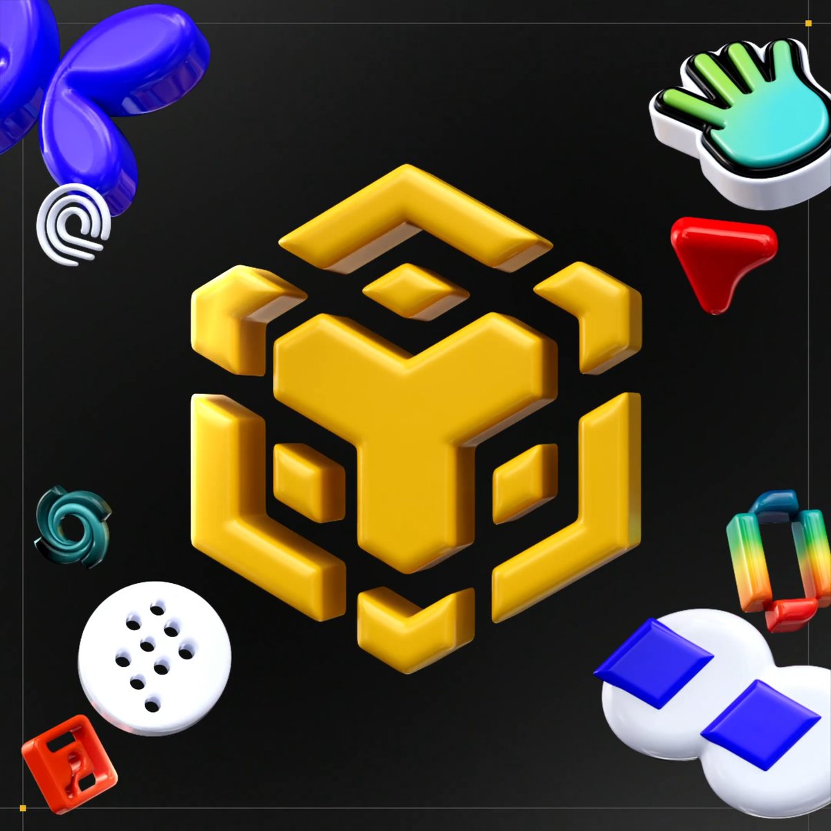 The image features a prominent yellow 3D "BNB" logo (Binance Coin) surrounded by colorful app icons on a black background, visually representing the BNB Chain ecosystem. The accompanying post about "local builders" likely refers to a BNB Chain community or developer event.