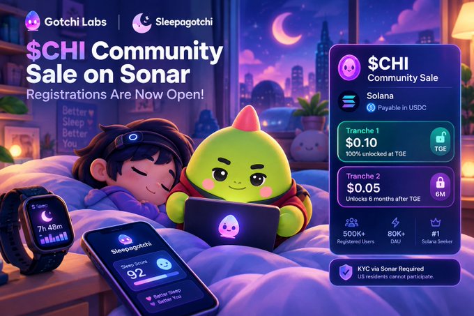 A promotional graphic for the '$CHI Community Sale on Sonar' by Gotchi Labs, featuring a green cartoon character with a child in a bedroom setting, advertising token tranches priced at $0.10 and $0.05.