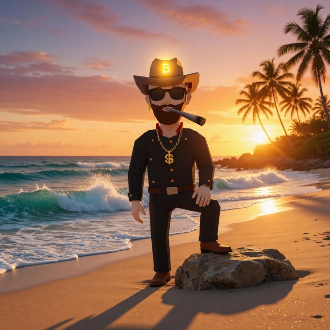 A 3D rendered cartoon cowboy character with a glowing 'B' on his hat, wearing sunglasses, a gold chain with a dollar pendant, and smoking a cigar, standing on a beach at sunset with palm trees in the background.