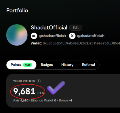 The image shows a portfolio page displaying the username "ShadatOfficial" with social handles and a wallet address, highlighting a points balance of 9,681 PTS (circled in red, with a checkmark) earned from an Axis Bonus, which relates to the post's reminder to sign trajectories on Axis Robotics before the upcoming snapshot.