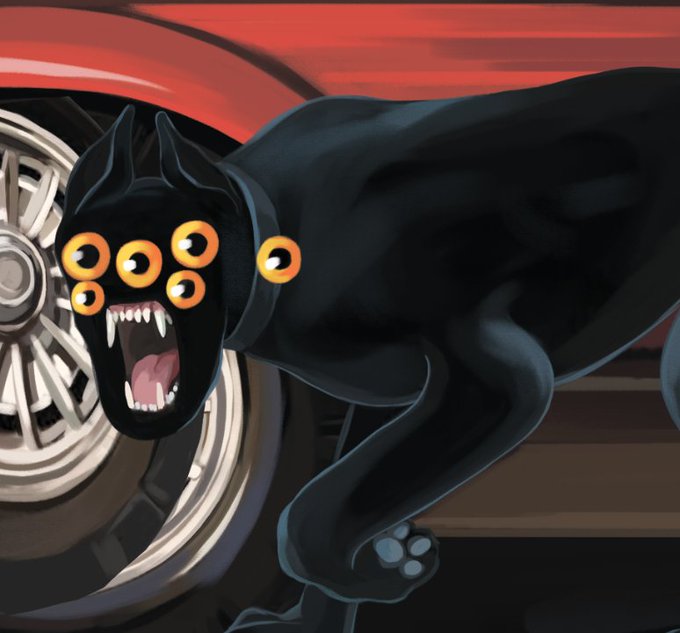A digital illustration of a black multi-eyed creature with sharp teeth baring its fangs while clinging to a car wheel against a red background.