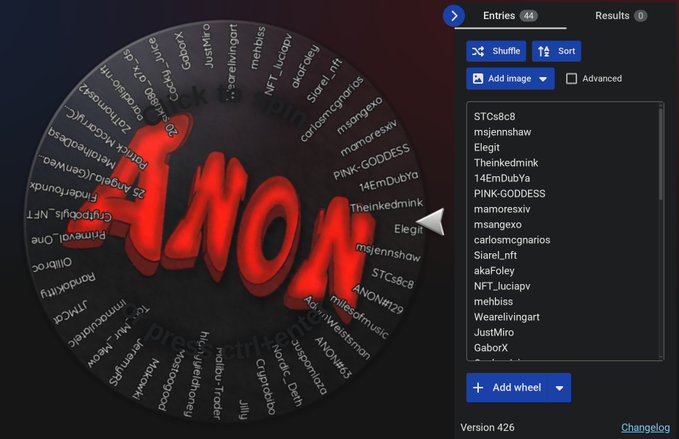 A digital spinning wheel interface displays the name "Inoa" in large red 3D text, with an entries panel on the right listing usernames including "STCs8c8," "msjennshaw," "Elegit," and "Theinkedmink" (Version 426).