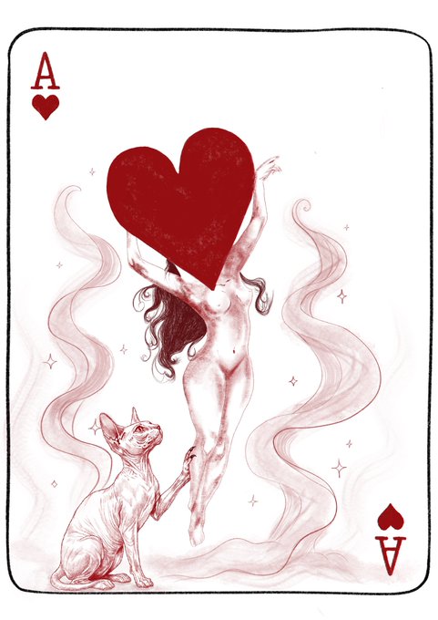 Professionally and vividly made art taken to a whole different level. The card meant to speak about the ace of hearts is actually a personification of the ace of hears. A naked lady drawn in red covering her entire face with a vivid red heart symbolizes that she is a keeper of her own self.