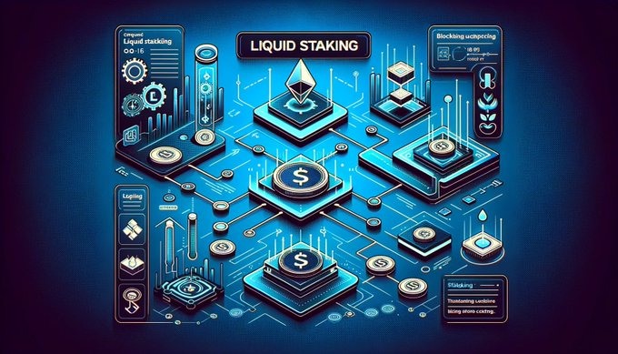 A digital isometric illustration displays the concept of 'LIQUID STAKING,' featuring interconnected platforms with Ethereum and dollar sign icons, along with labels like 'Liquid stacking,' 'Blocking unstopping,' and 'Staking Landons.',