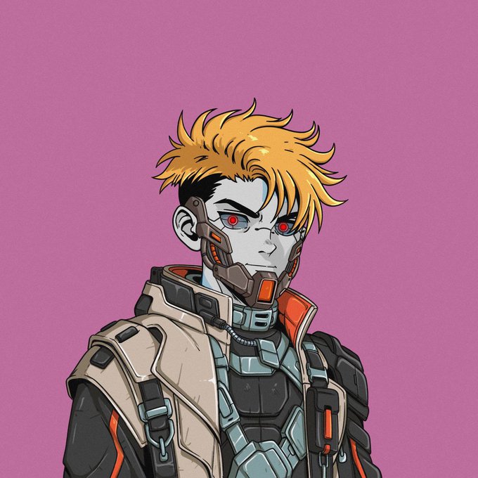 An anime-style illustration of a cyberpunk character with blonde hair, red glowing eyes, and a mechanical face mask wearing a tactical vest against a purple background.