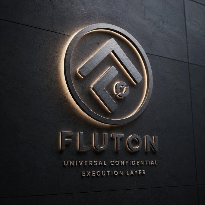 A metallic logo on a dark tiled wall reads 'FLUTON' with the tagline 'UNIVERSAL CONFIDENTIAL EXECUTION LAYER'.