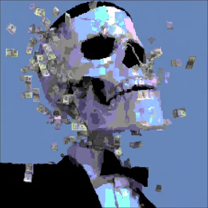 A glitchy, pixelated portrait shows a figure in a suit with a skull-like face and dark sunglasses, surrounded by floating dollar bills against a light blue background.