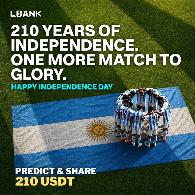 The image is an LBank promotional graphic featuring the Argentina national soccer team huddled together on an Argentine flag, with text reading "210 YEARS OF INDEPENDENCE. ONE MORE MATCH TO GLORY. HAPPY INDEPENDENCE DAY" and a "PREDICT & SHARE 210 USDT" giveaway announcement at the bottom, celebrating Argentina's 210th independence anniversary alongside their World Cup quarterfinal match against Switzerland.