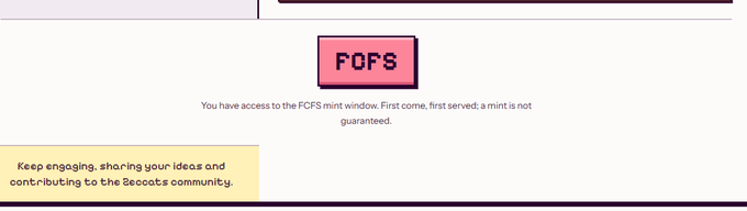 A webpage section shows a red 'FOFS' badge with text stating 'You have access to the FOFS mint window. First come, first served; a mint is not guaranteed.'