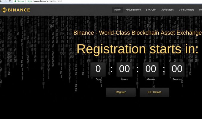 The Binance website displays a 'Registration starts in:' countdown timer showing 0 days, 00 hours, 00 minutes, and 00 seconds.