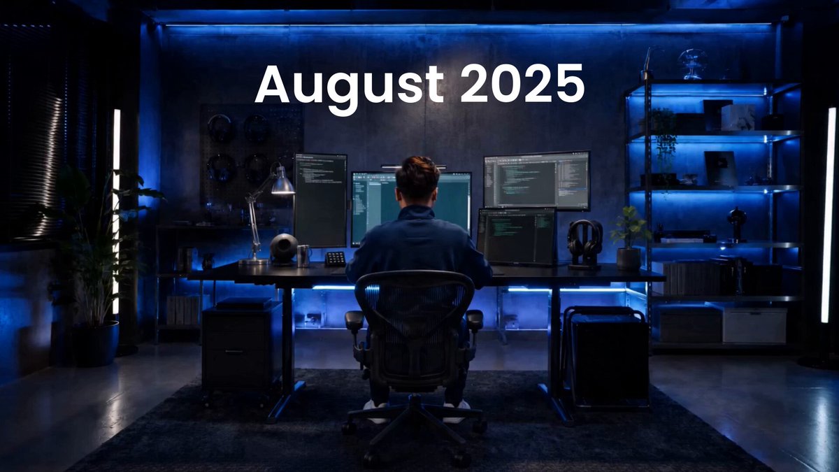 The image shows a man sitting at a desk with multiple computer monitors, likely working on a project or task that requires multitasking. The room has blue lighting, which creates an atmosphere of focus and concentration. The text "August 2025" is displayed above the man's head, possibly indicating the date or time for a specific event or meeting related to their work.