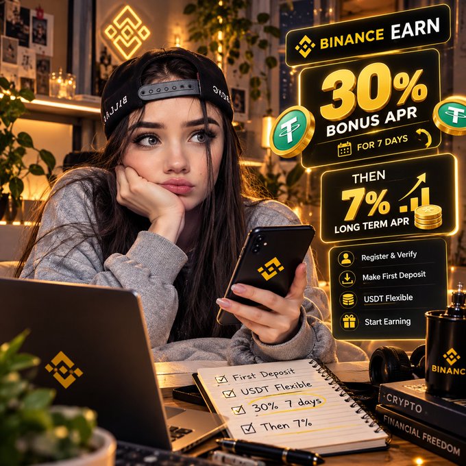 A young woman wearing a Binance-branded headband sits at a desk, looking thoughtfully at her phone while holding her chin, with a checklist noting "First Deposit, USDT Flexible, 30% for 7 days, Then 7%" visible in the foreground. Beside her, glowing Binance Earn promotional graphics advertise "30% BONUS APR FOR 7 DAYS" followed by "THEN 7% LONG TERM APR," along with steps to "Register & Verify," "Make First Deposit," "USDT Flexible," and "Start Earning"—illustrating the post's advice to look beyond the headline APR to the long-term rate that follows.