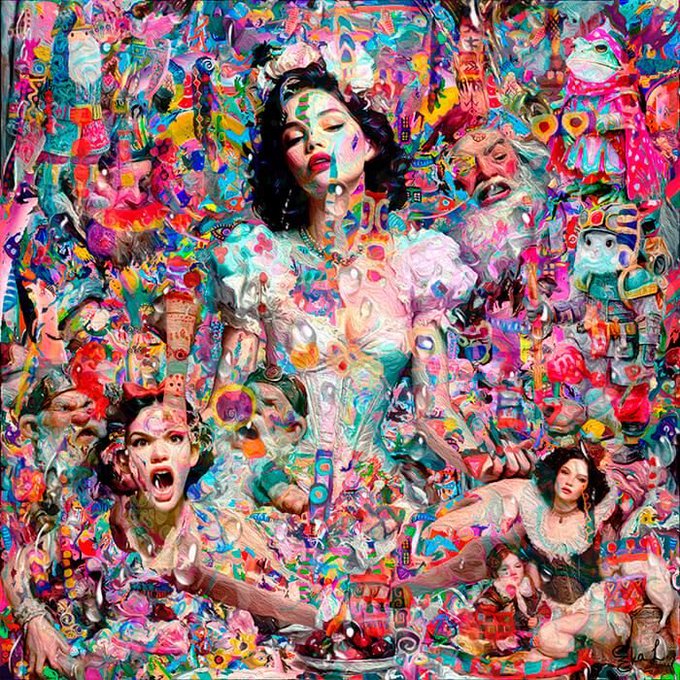 A vibrant, colorful, and surreal digital artwork featuring multiple figures, including a central woman with dark hair, surrounded by an explosion of chaotic, kaleidoscopic imagery and patterns.