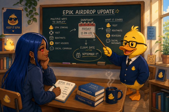 The image shows a blue-haired woman taking notes labeled "EPIK 101" at a desk while a bespectacled duck teacher points to a chalkboard announcing the "EPIK AIRDROP UPDATE" with a Friday 12 PM UTC snapshot, qualifying methods (EPIK Staking, YEET, $REKTMKTS, $REKT holders, Social Campaign), and a September 1st claim date. This whimsical classroom scene visualizes the post's reminder that the snapshot is happening tomorrow and the qualification window will close afterward, encouraging holders to secure their $EPIK airdrop eligibility.