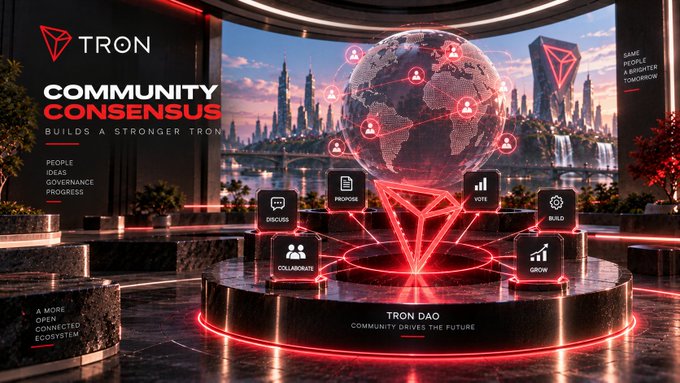 A promotional graphic for TRON's Community Consensus featuring a glowing red holographic globe with the TRON logo, surrounded by icons for Propose, Vote, Build, Grow, Collaborate, and Discuss, with text 'BUILDS A STRONGER TRON' and 'TRON DAO COMMUNITY-DRIVEN THE FUTURE'.