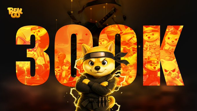 The image features a cartoon dog wearing a black outfit with a sword, standing against a dark background. The text "300K" is written above the dog's head, indicating that there are 300,000 users of the RealGo Meme ecosystem.