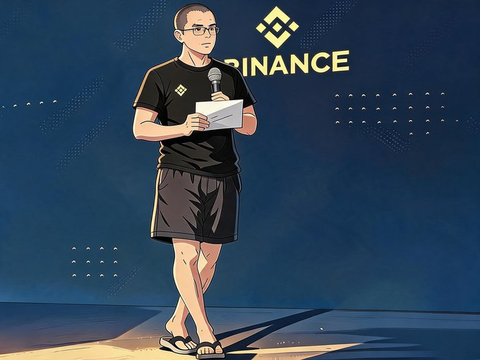 An illustrated caricature of CZ, Binance's CEO, depicted wearing his signature black t-shirt with the Binance logo, holding a microphone and a notepad against a dark blue backdrop featuring the "BINANCE" branding. The image captures the post's narrative of CZ receiving an urgent late-night call about suspicious platform transactions, humorously portraying him in a casual stance with flip-flops as he balances his public speaking role with an unexpected operational emergency.
