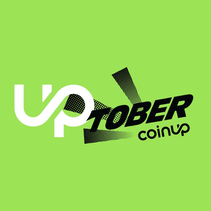 A green promotional graphic with stylized text reading 'UPTOBER coinUP' in white and black halftone-style lettering.