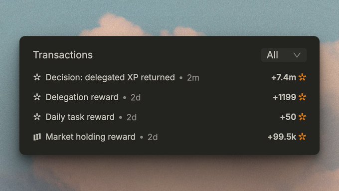 A dark-themed "Transactions" panel displays four recent rewards, with the top entry showing "Decision: delegated XP returned • 2m" for +7.4m, confirming the post's announcement that the user's delegated XP has been returned to their wallet.