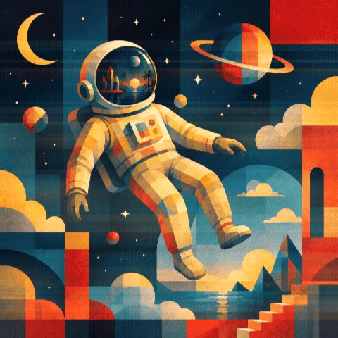 The image features an illustration of an astronaut floating in space, wearing a white spacesuit with blue squares and red circles. The astronaut appears to be floating above a mountain range or other celestial body. Below the astronaut, there are several planets and stars scattered throughout the scene. The colors used in the illustration include shades of blue, red, orange, yellow, green, and purple. The post is titled "GM friends and happy #TEZOSTUESDAY! Wish you a beautiful day with #Astronaut's Dream", which seems to be related to the astronaut depicted in the image.