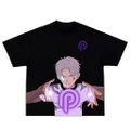 A black t-shirt featuring an anime character with silver hair reaching forward, accompanied by a purple logo above.