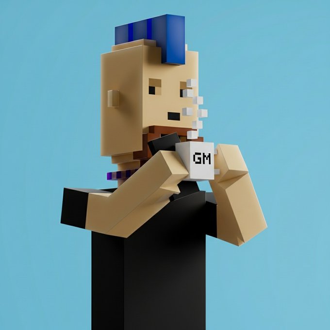 A 3D voxel/blocky character with blue hair holding a white mug that says 'GM' against a light blue background.