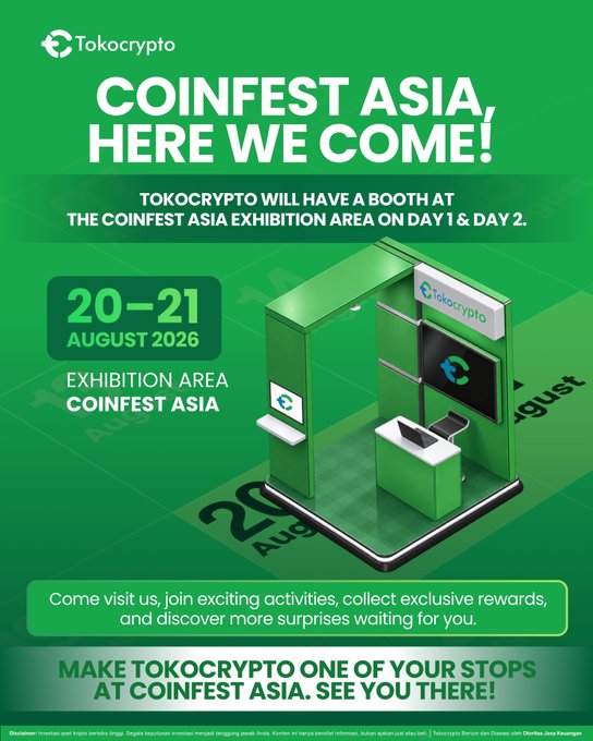 Tokocrypto announces its booth at Coinfest Asia 2026 (August 20–21) with a green-themed promotional graphic featuring a 3D-rendered exhibition booth and event details, inviting attendees to visit, collect rewards, and meet the team—aligning with the post's excitement about bringing Tokocrypto to Bali's Coinfest.