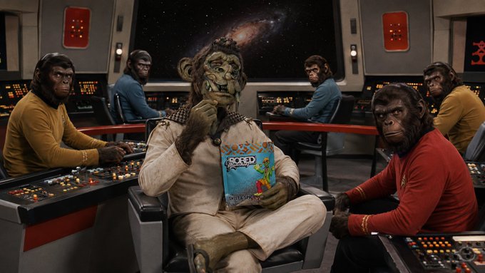 A humorous scene depicting the bridge of the USS Enterprise from Star Trek, where the crew consists of apes in uniform, with one ape in the center reading a 'Pop-Tarts' cereal box.