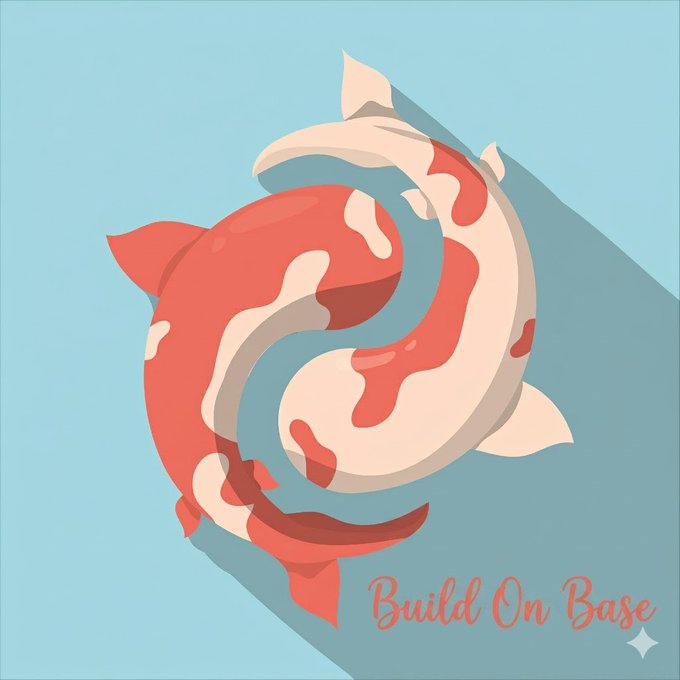 The image features a pair of koi fish swimming together, with one fish being red and white while the other is orange and white. The text "Build On Base" is written below them, indicating that they are part of an online community or platform focused on building financial solutions for local economies in emerging markets.